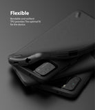 Poco M3 Case | Onyx - A flexible black TPU phone case being bent over a stack of Poco M3 smartphones.