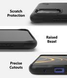 Poco M3 Case | Onyx - Three panels showing scratch protection, raised screen bezels, and precise port cutouts for the phone.