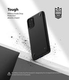 Poco M3 Case | Onyx - Black phone case with textured back and military-grade drop protection badge on a debris-filled background.