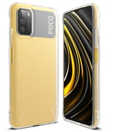Poco M3 Case | Onyx - Clear protective phone case on a yellow Poco M3, showing back camera cutout and front screen view.