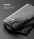 Poco M3 Case | Onyx - A flexible, translucent TPU phone case being bent over two black Poco M3 smartphones.