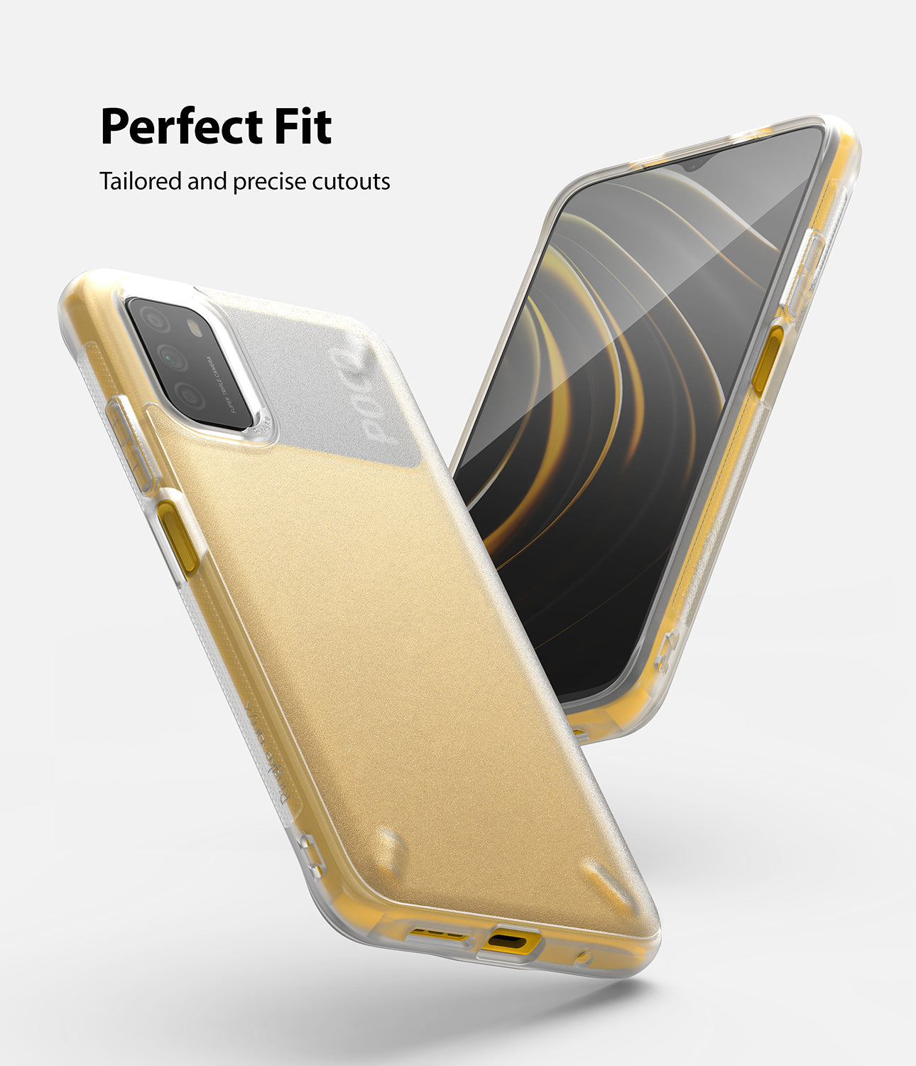 Poco M3 Case | Onyx - Gold and clear protective phone case shown from back and front angles against a white background.