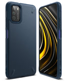 Poco M3 Case | Onyx - Navy blue textured protective phone case shown from back and front angles with a yellow abstract screen.