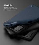 Poco M3 Case | Onyx - A flexible navy blue TPU phone case resting on top of two black Poco M3 smartphones.