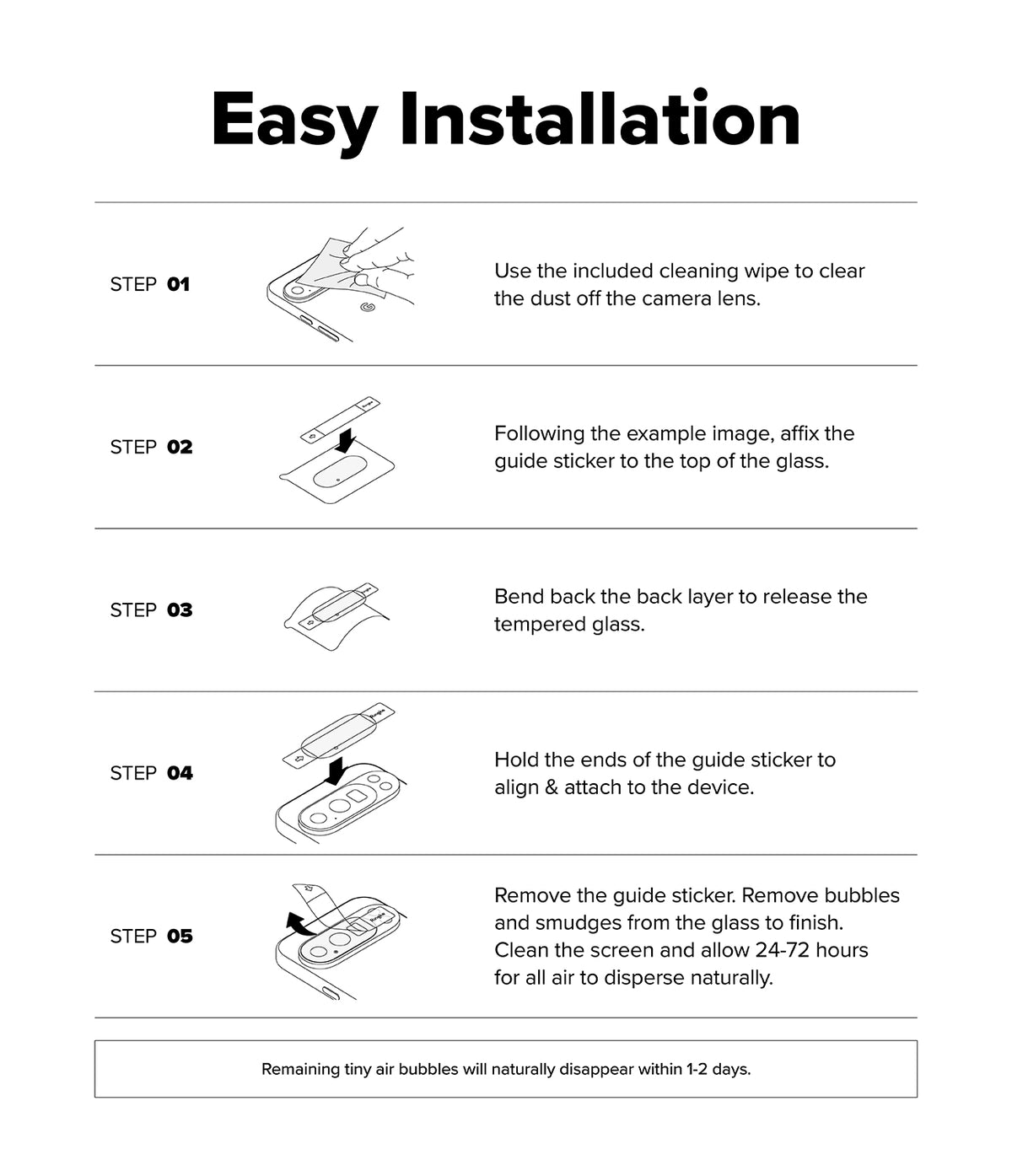 Google Pixel 10 Pro XL | Camera Glass - Five-step line art illustration showing the installation process for a camera lens protector.