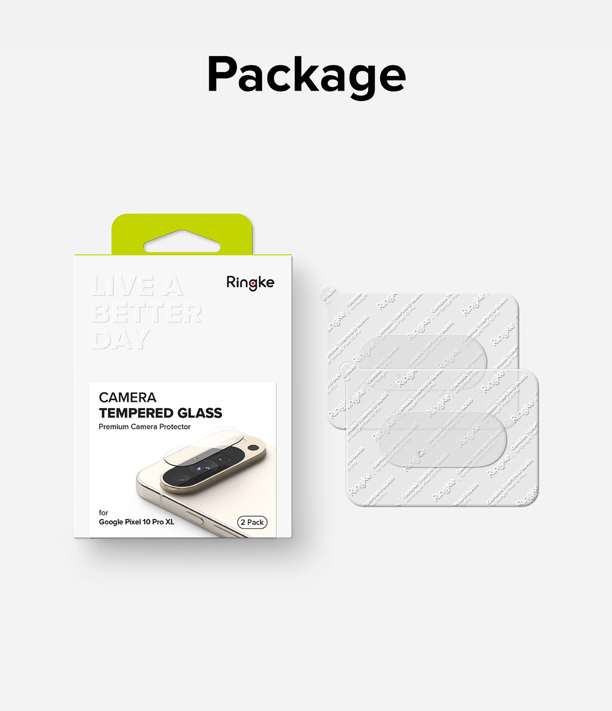 Google Pixel 10 Pro XL | Camera Glass - Ringke camera tempered glass protector packaging and two protective film sheets.