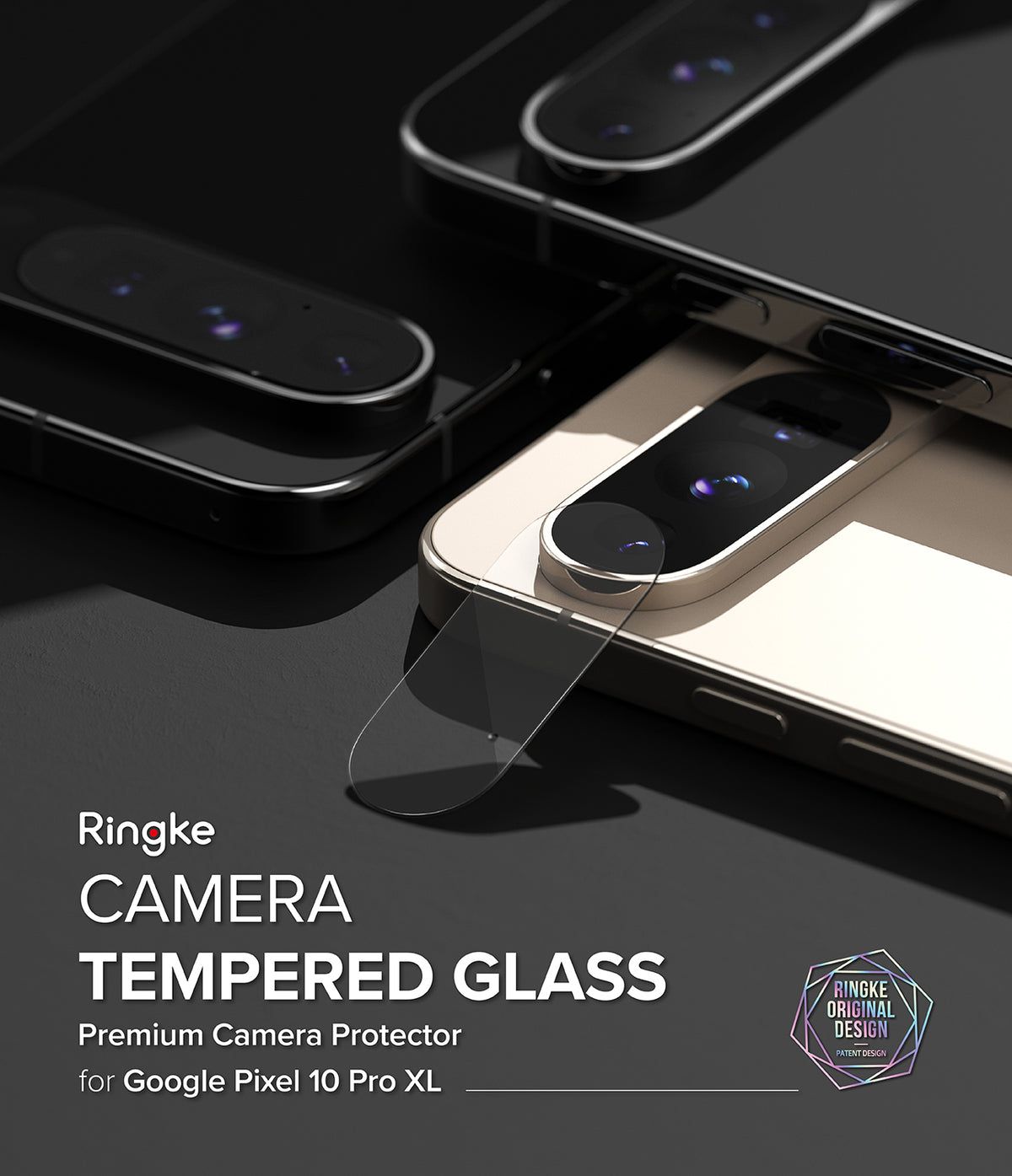 [Bundle] Google Pixel 10 Pro XL Case | Onyx Magnetic - Google Pixel 10 Pro XL Case | Onyx Magnetic - Tempered glass camera protector being applied to a smartphone lens.