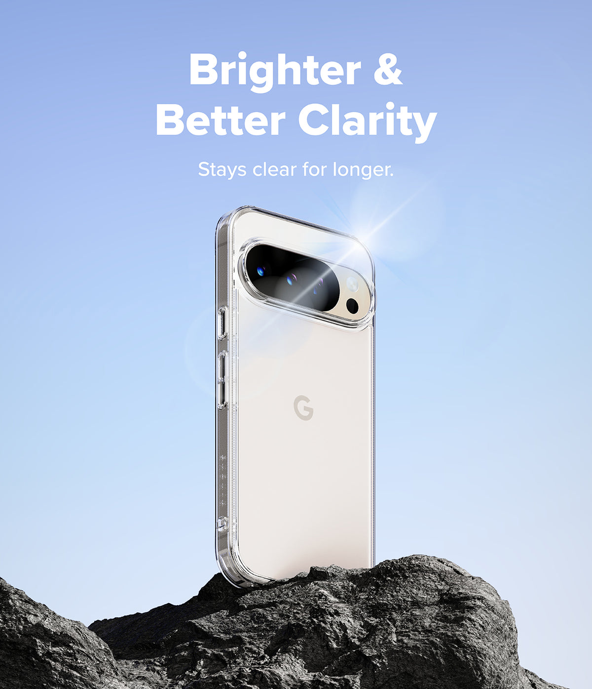 [Bundle] Google Pixel 10 Pro XL Case | Fusion - Google Pixel 10 Pro XL Case | Fusion - Clear phone case on a rock against a blue sky with text about clarity.