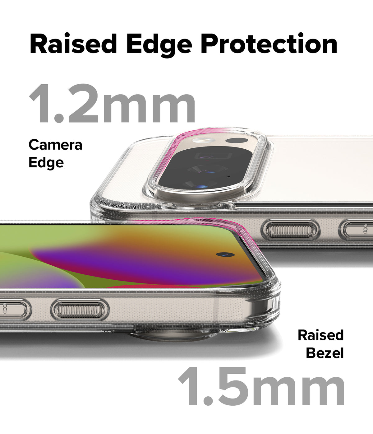 Google Pixel 10 Pro XL Case | Fusion Matte - Close-up showing 1.2mm camera edge and 1.5mm screen bezel protection.