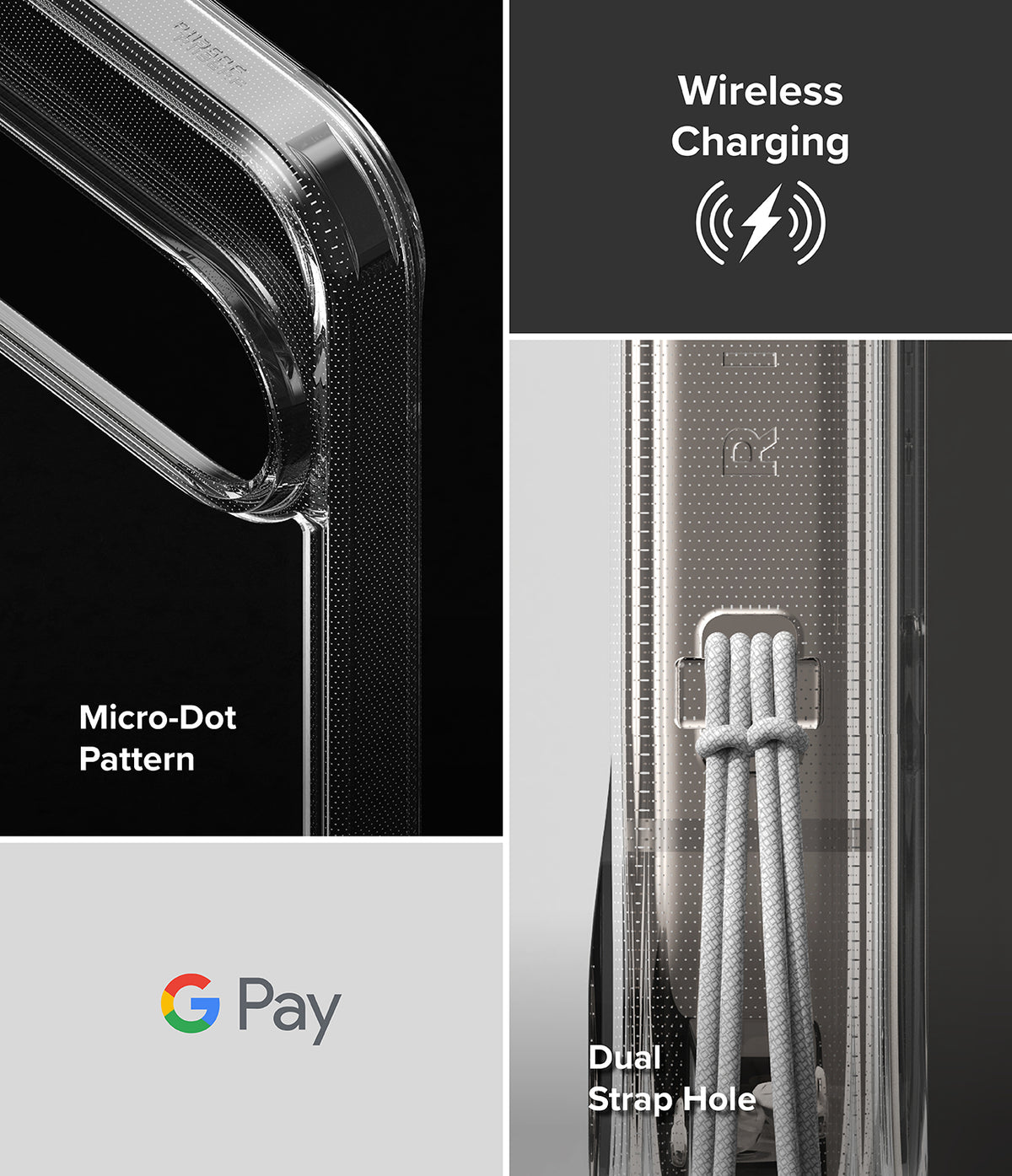 Google Pixel 10 Pro XL Case | Fusion - Close-up of clear phone case showing micro-dot pattern, wireless charging, and dual strap hole.