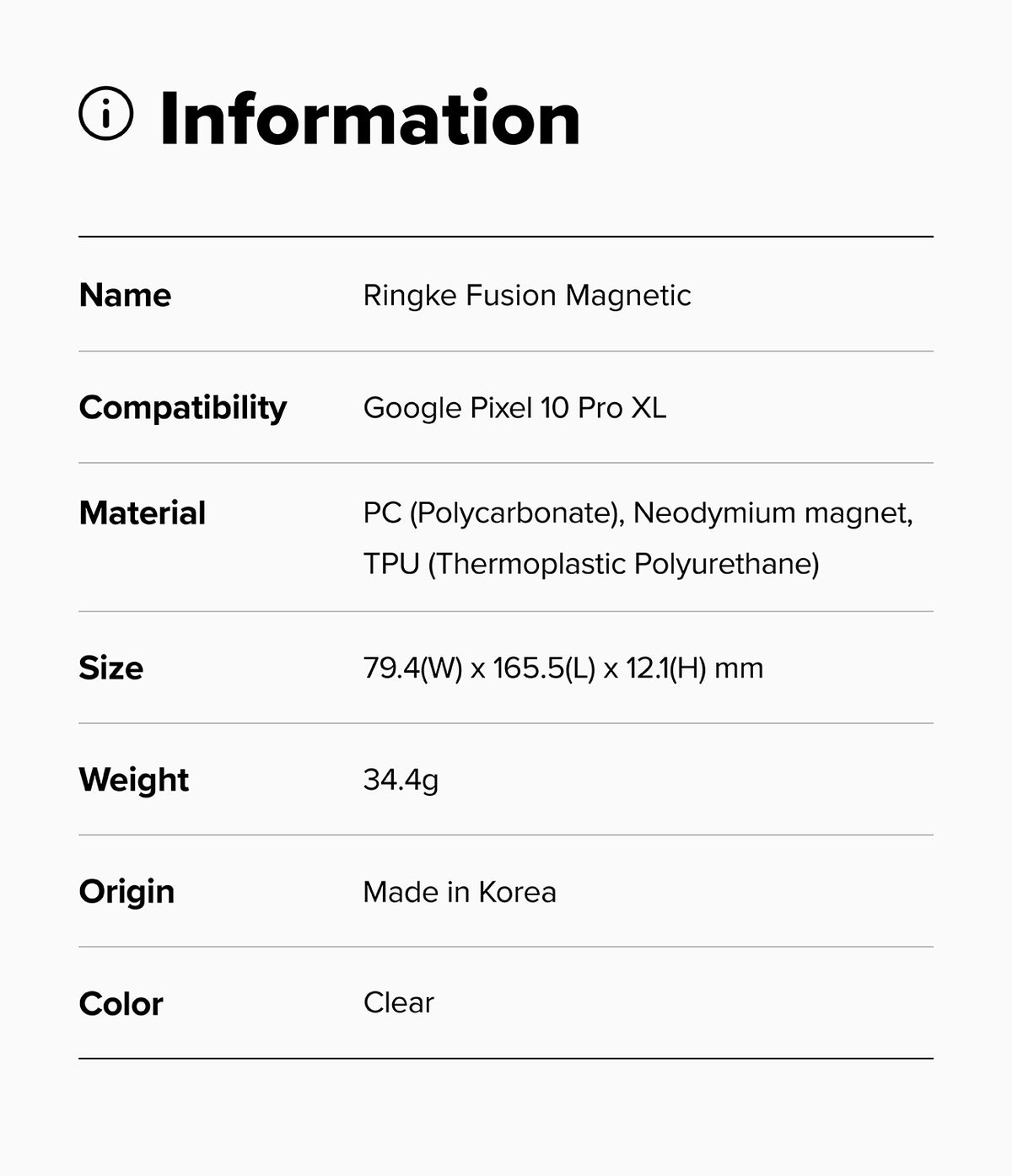 Google Pixel 10 Pro XL Case | Fusion Magnetic - Information table listing product specs for the clear phone case.