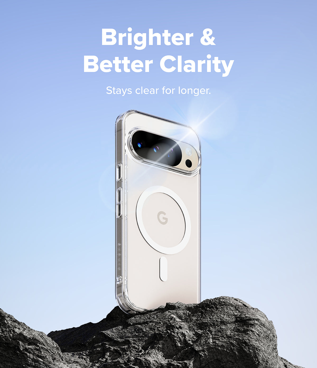 Google Pixel 10 Pro XL Case | Fusion Magnetic - Clear magnetic phone case on a rock against a blue sky background.