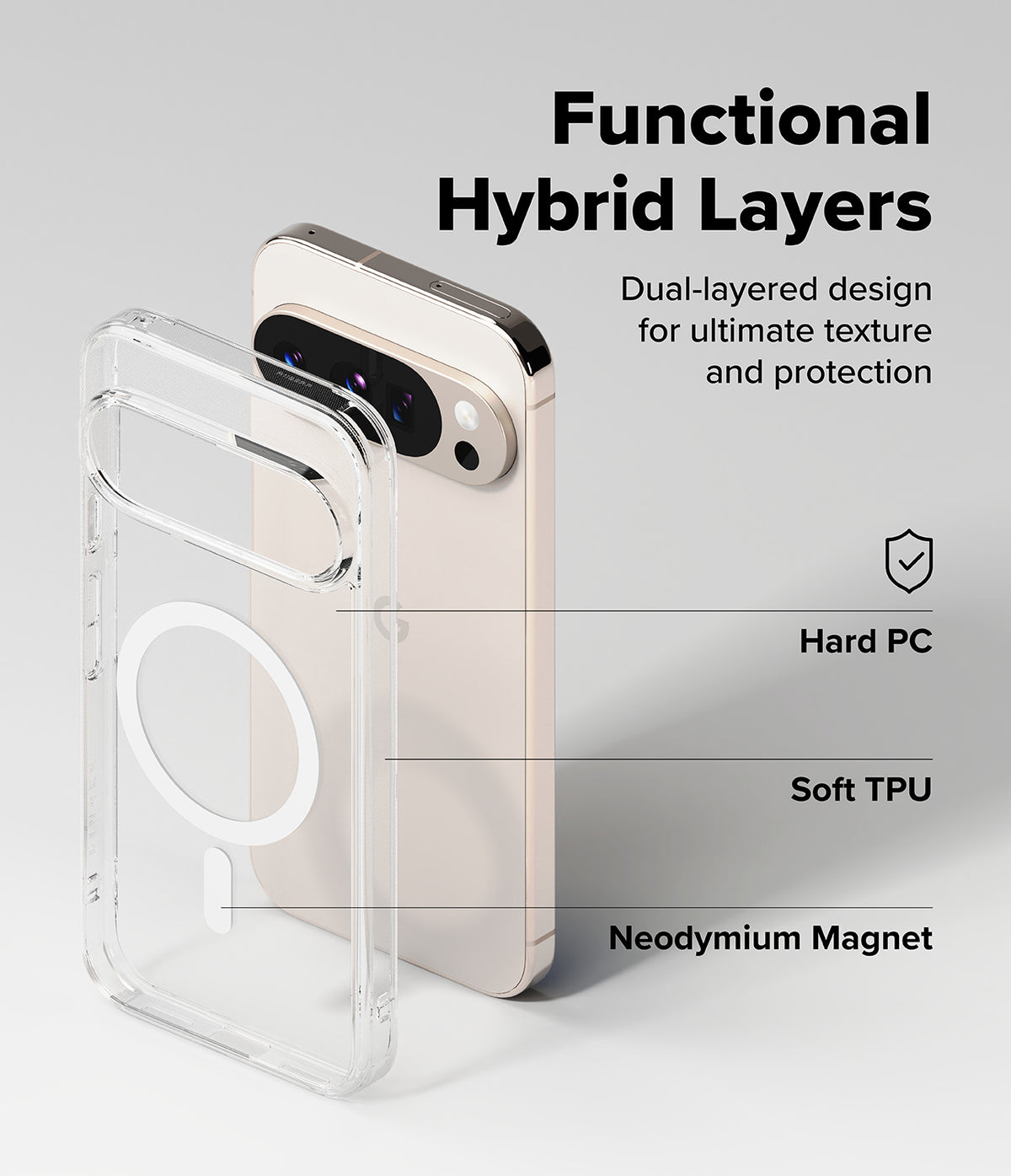 Google Pixel 10 Pro XL Case | Fusion Magnetic - Clear case with magnetic ring shown next to a smartphone with labels.