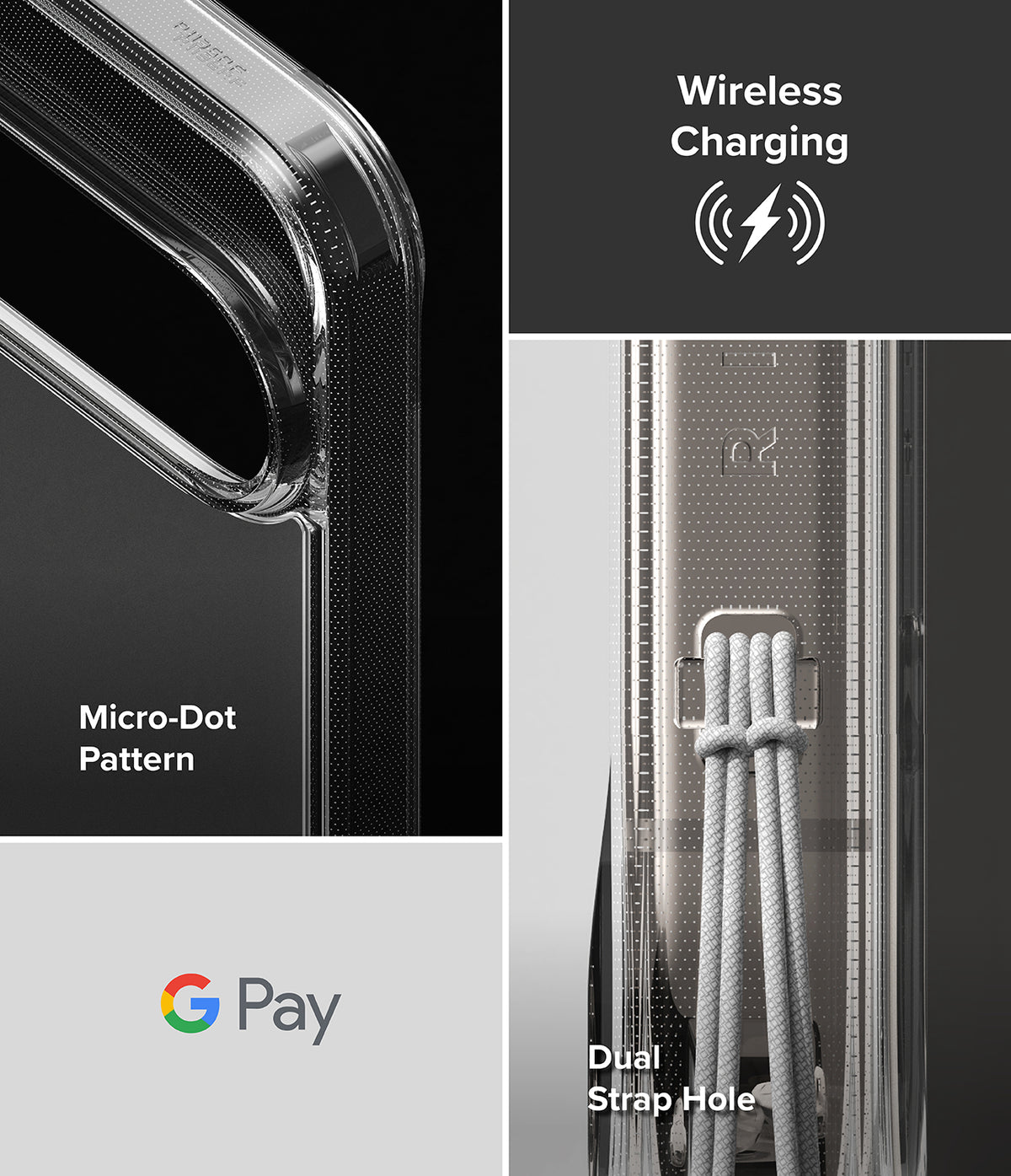 Google Pixel 10 Pro XL Case | Fusion Matte - Close-up of phone case features: micro-dot pattern, wireless charging, and strap hole.