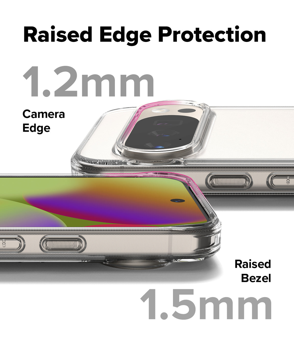 Google Pixel 10 Pro XL Case | Fusion Matte - Close-up showing 1.2mm camera edge and 1.5mm screen bezel protection.