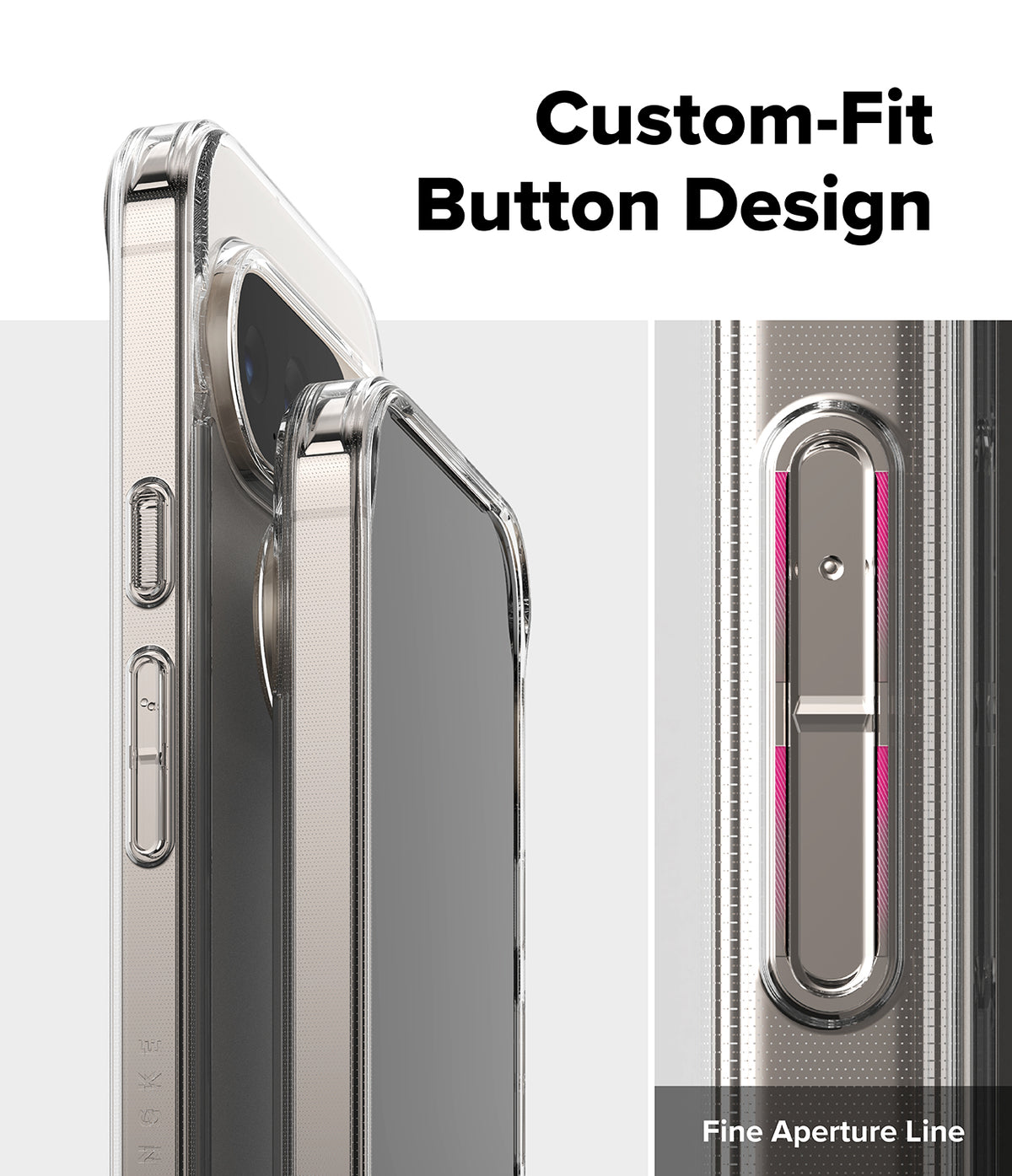 Google Pixel 10 Pro XL Case | Fusion Matte - Close-up of a clear phone case highlighting precise button cutouts.