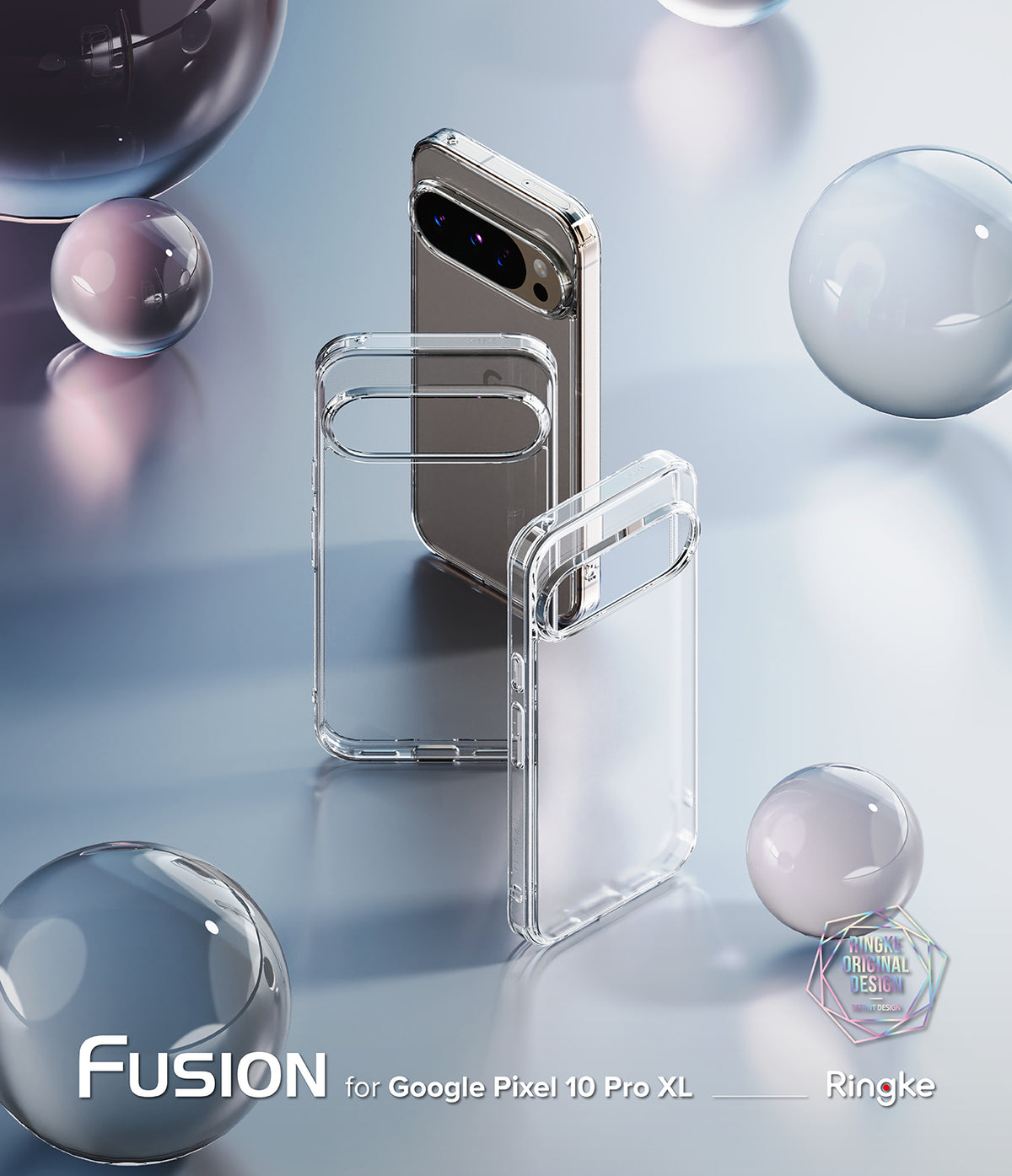 [Bundle] Google Pixel 10 Pro XL Case | Fusion Matte - Google Pixel 10 Pro XL Case | Fusion Matte - Two clear phone cases and a smartphone arranged among floating glass spheres.