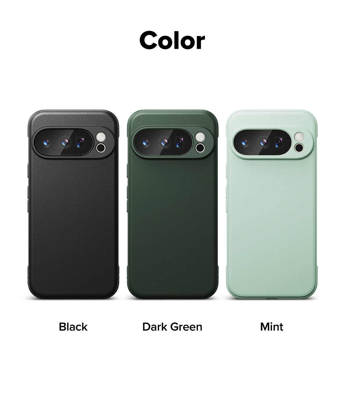 Google Pixel 10 Pro XL Case | Onyx - Three phone cases in black, dark green, and mint, shown from the back.