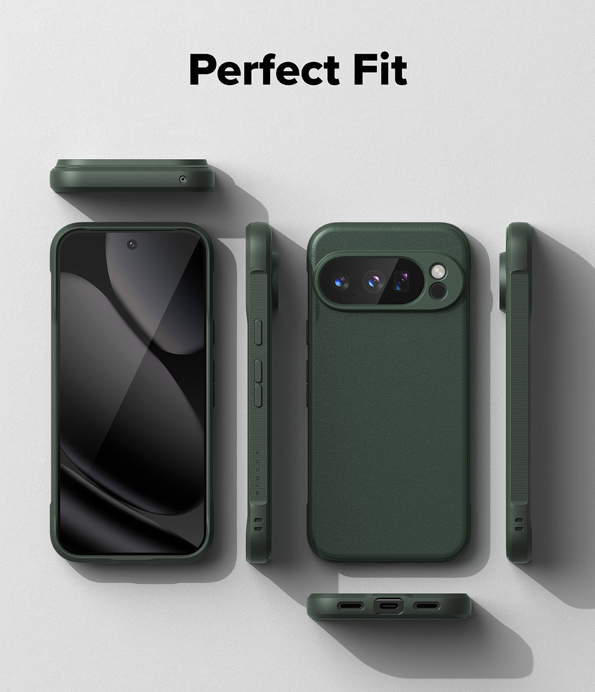 Google Pixel 10 Pro XL Case | Onyx - Dark green phone case shown from multiple angles against a light gray background.