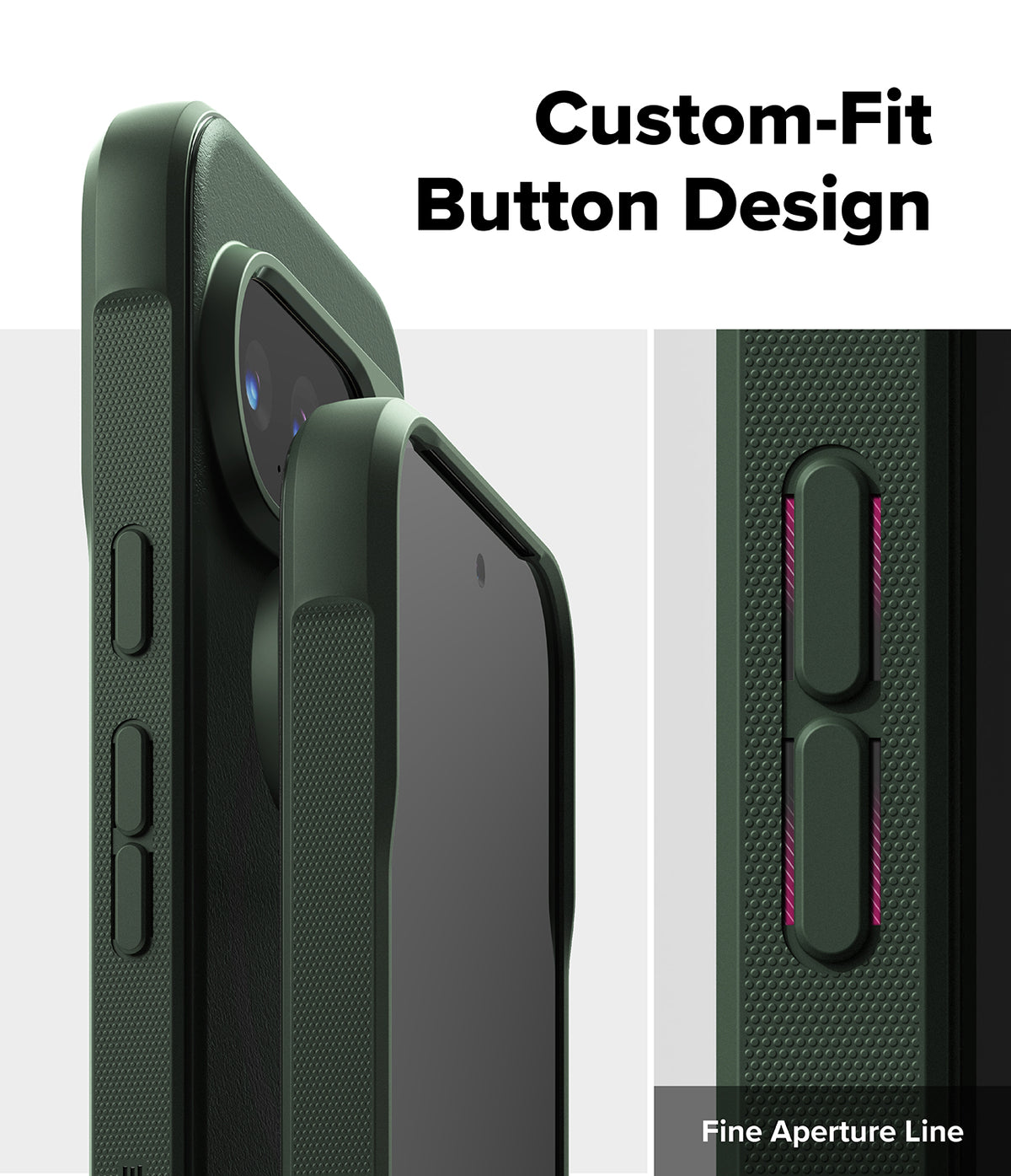 Google Pixel 10 Pro XL Case | Onyx - Close-up of dark green phone case buttons with precise cutouts and textured sides.