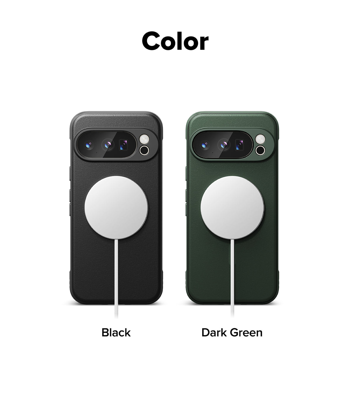 Google Pixel 10 Pro XL Case | Onyx Magnetic - Black and dark green magnetic phone cases with white charging pucks.