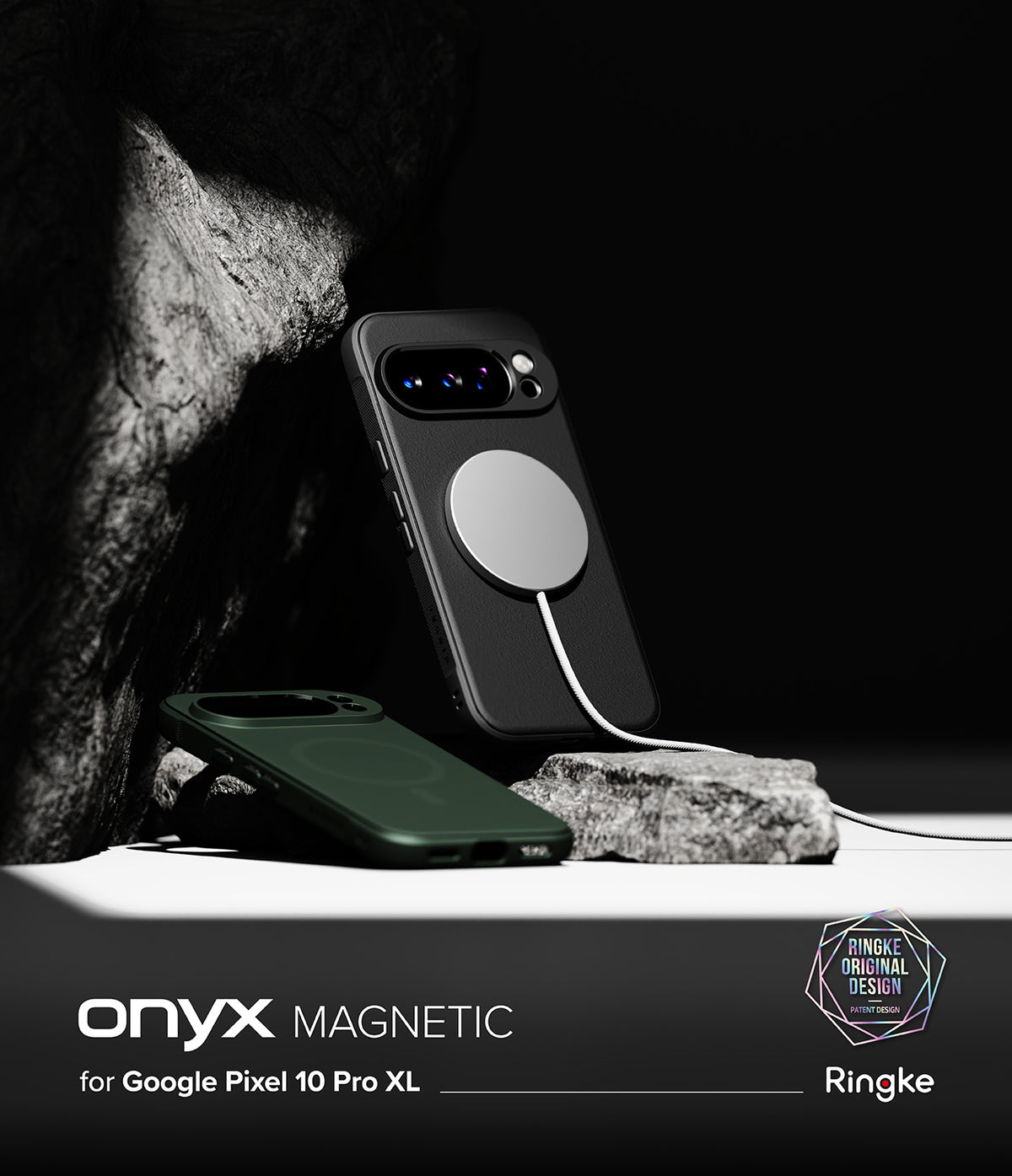 Google Pixel 10 Pro XL Case | Onyx Magnetic - Black and green phone cases with magnetic chargers on a rocky surface.