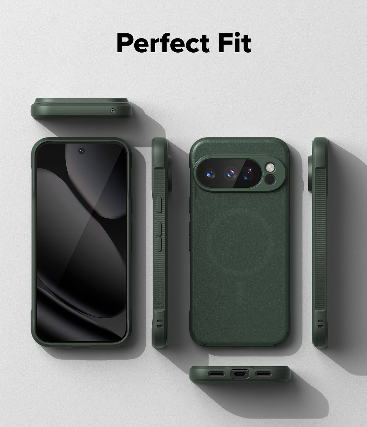 Google Pixel 10 Pro XL Case | Onyx Magnetic - Dark green phone case shown from multiple angles with magnetic ring.