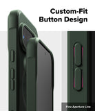 Google Pixel 10 Pro XL Case | Onyx Magnetic - Close-up of dark green phone case buttons with precise cutouts.