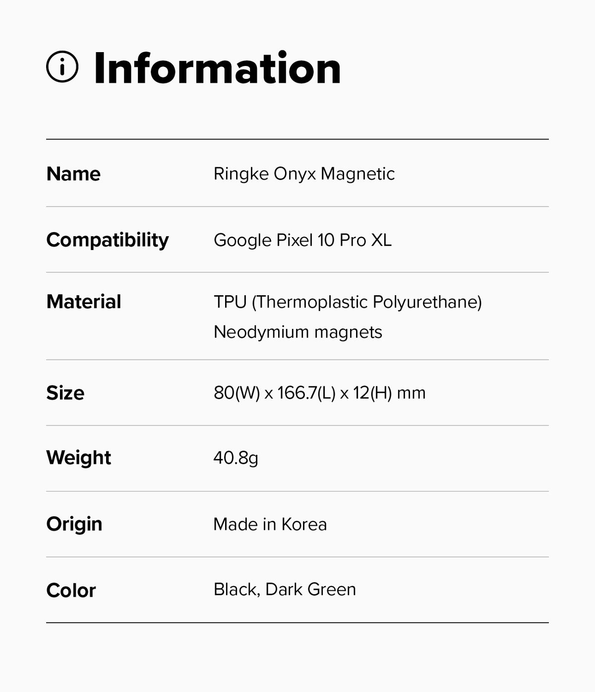 Google Pixel 10 Pro XL Case | Onyx Magnetic - Information table listing product specs including material, size, and color.