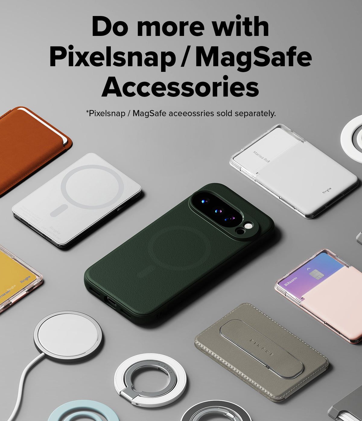 Google Pixel 10 Pro XL Case | Onyx Magnetic - Dark green phone case surrounded by various magnetic accessories.