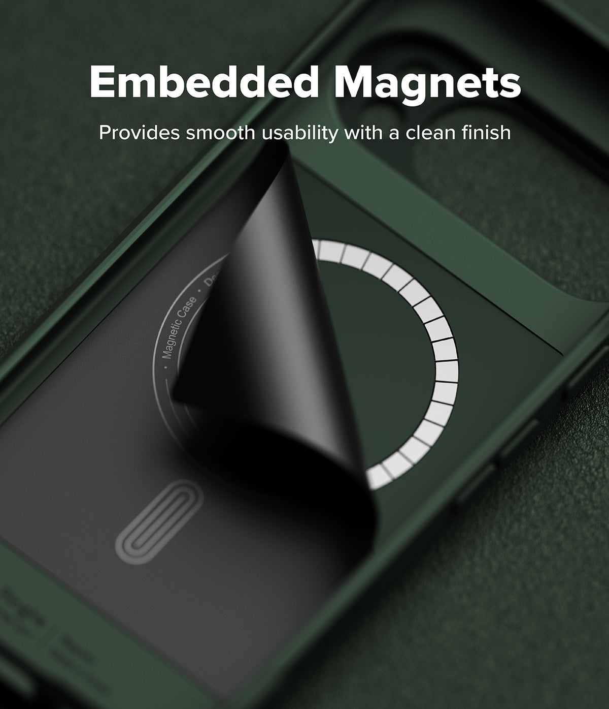 Google Pixel 10 Pro XL Case | Onyx Magnetic - Dark green phone case with a magnetic ring revealed under a peeled layer.