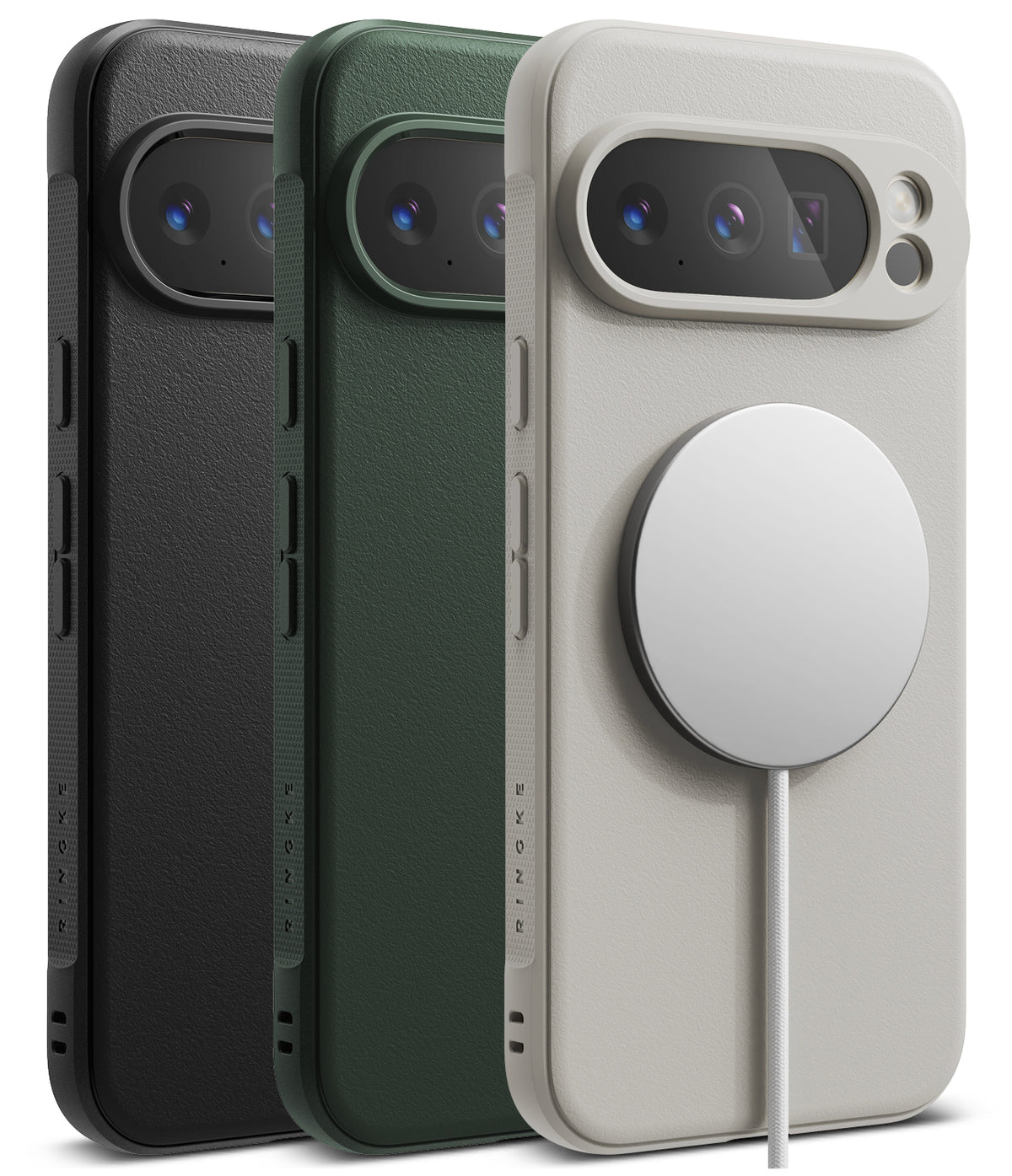 Google Pixel 10 Pro XL Case | Onyx Magnetic - Three phone cases in black, green, and beige with magnetic charging discs.