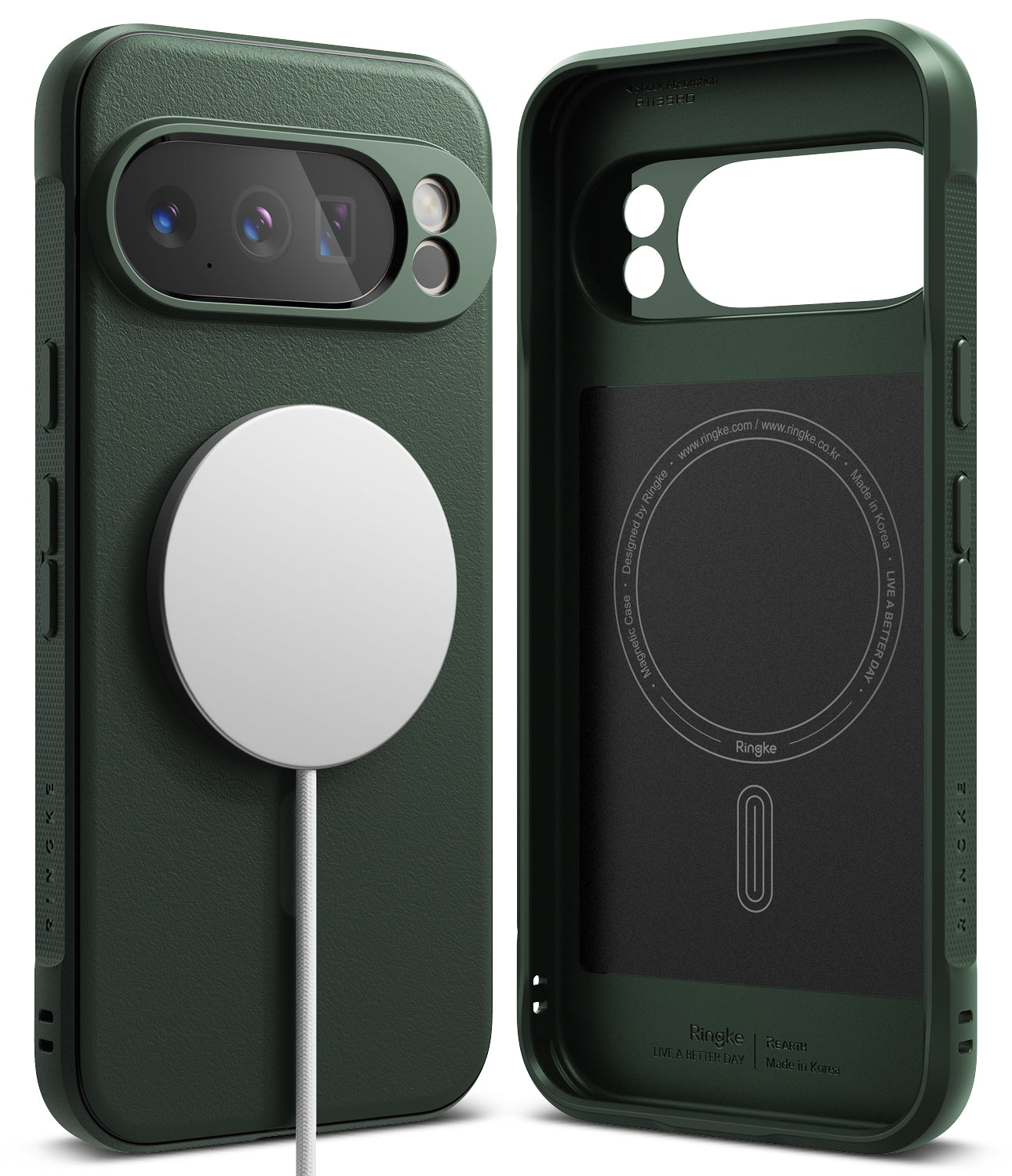 Google Pixel 10 Pro XL Case | Onyx Magnetic - Dark green phone case with magnetic charger and interior branding.
