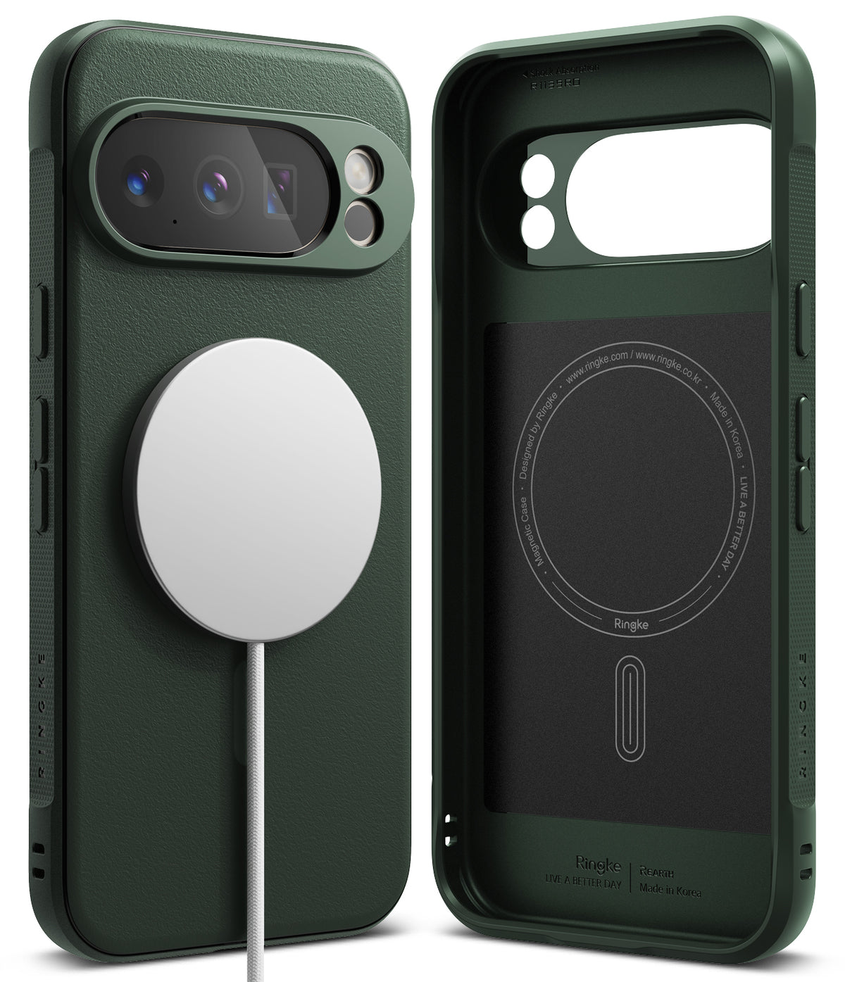 Google Pixel 10 Pro XL Case | Onyx Magnetic - Dark green phone case with magnetic charger and interior branding.