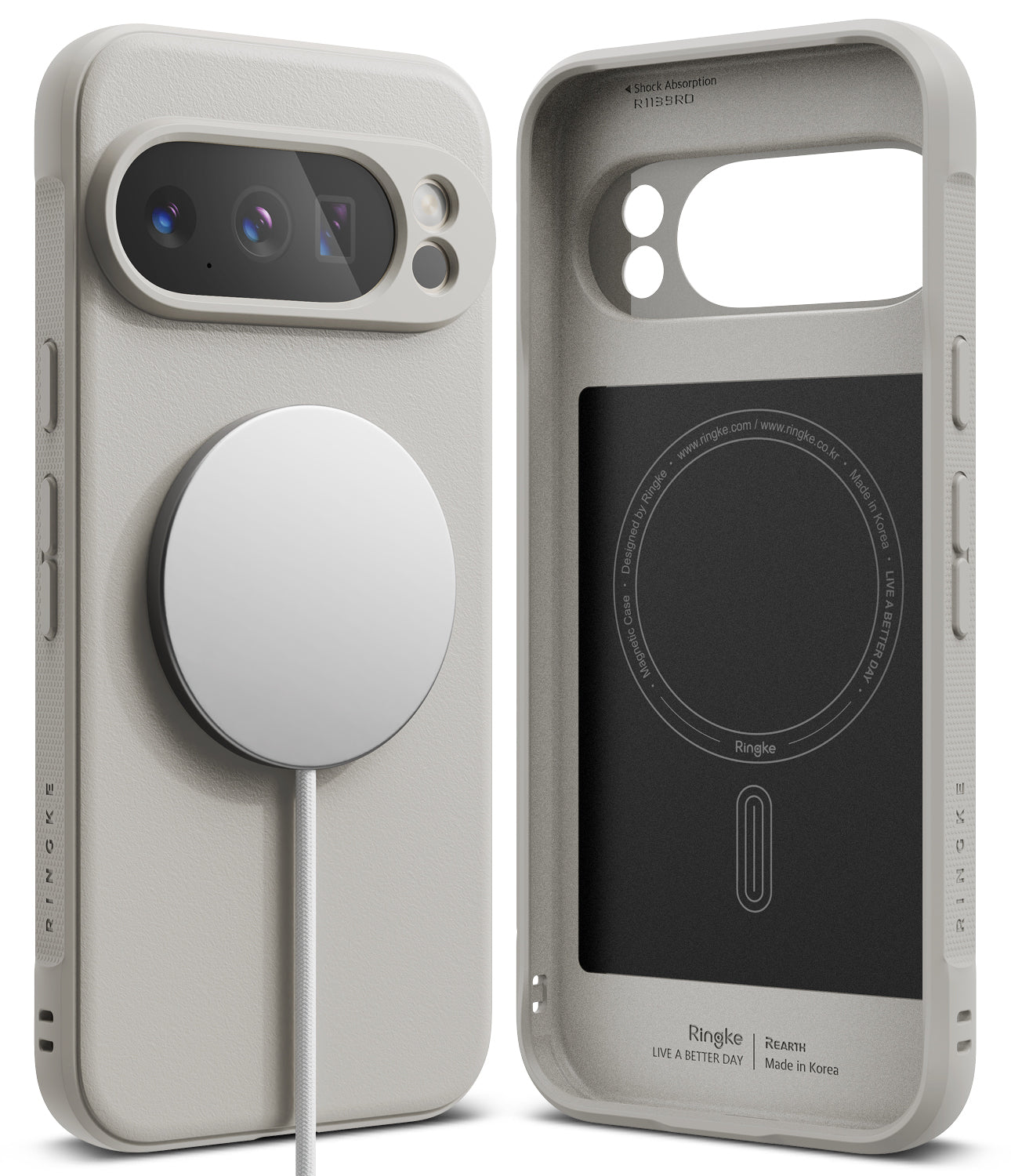 Google Pixel 10 Pro XL Case | Onyx Magnetic - Beige phone case with magnetic charger attached and interior view.