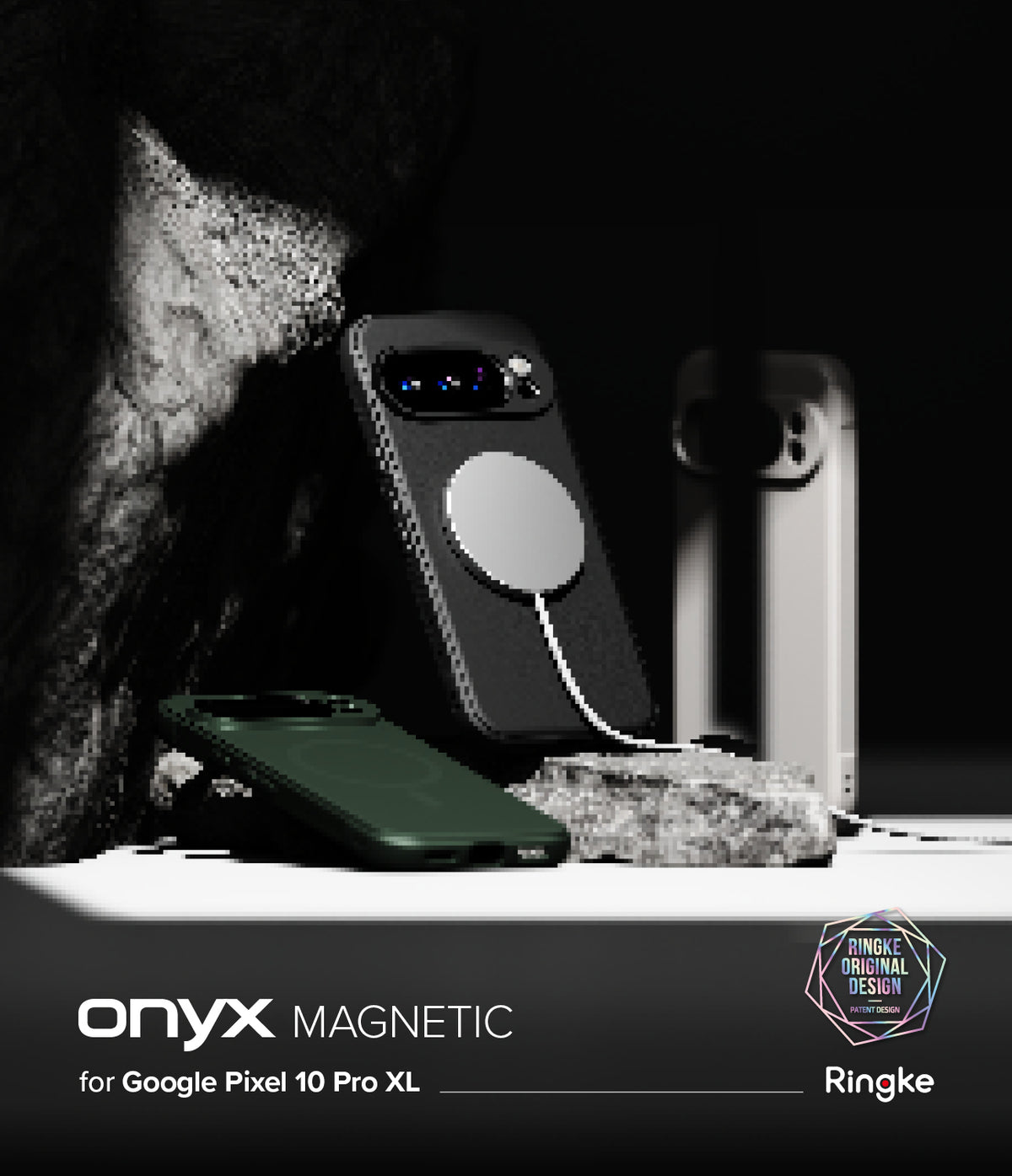 Google Pixel 10 Pro XL Case | Onyx Magnetic - Black magnetic phone cases displayed on a rocky surface against a dark background.