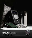 Google Pixel 10 Pro XL Case | Onyx Magnetic - Black magnetic phone cases displayed on a rocky surface against a dark background.