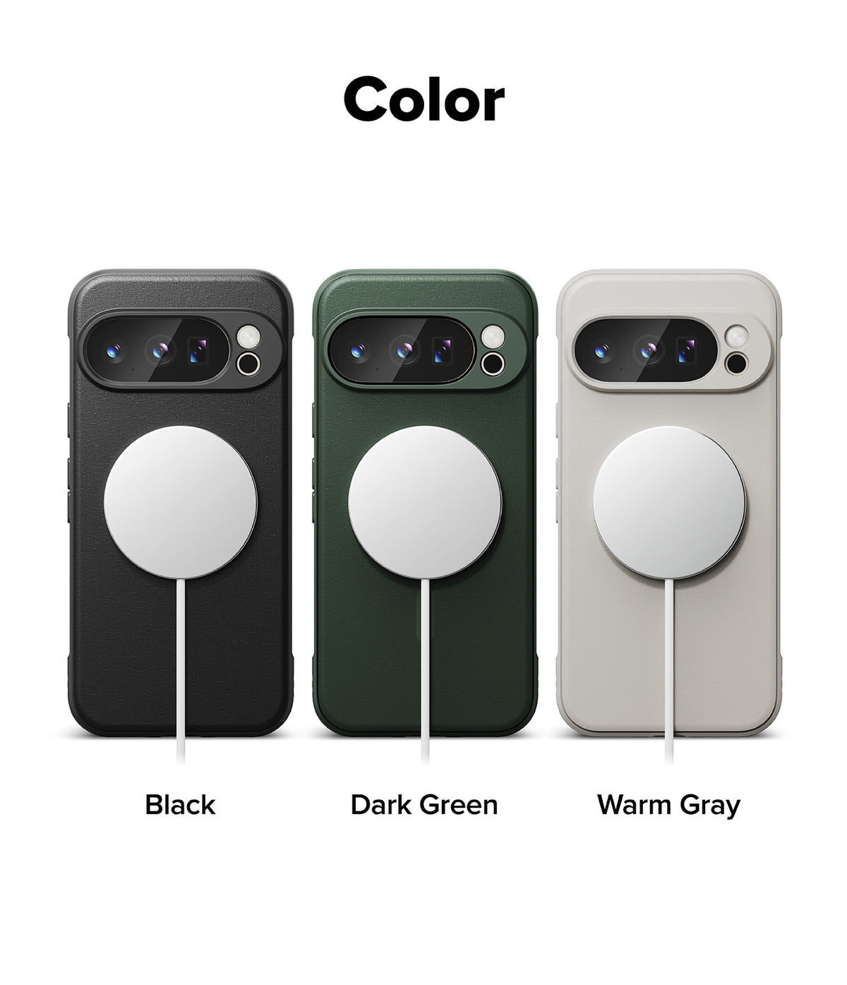 Google Pixel 10 Pro XL Case | Onyx Magnetic - Three magnetic phone cases in black, dark green, and warm gray.