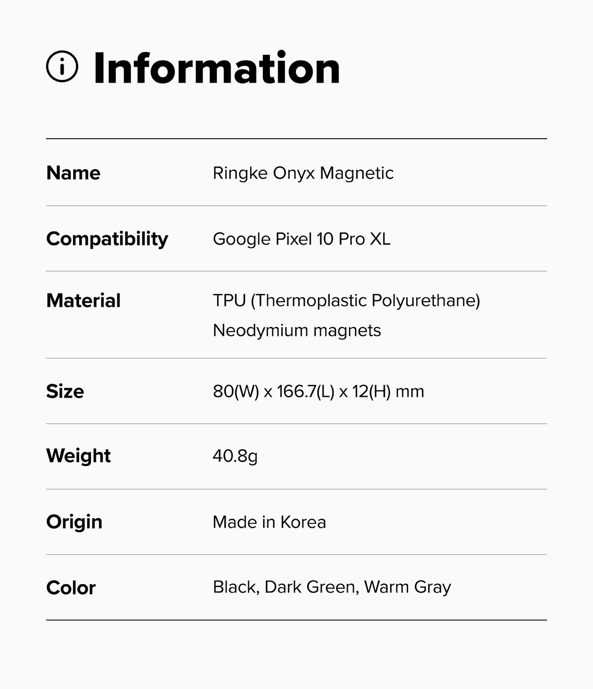 Google Pixel 10 Pro XL Case | Onyx Magnetic - A table listing product specifications including name, material, and size.