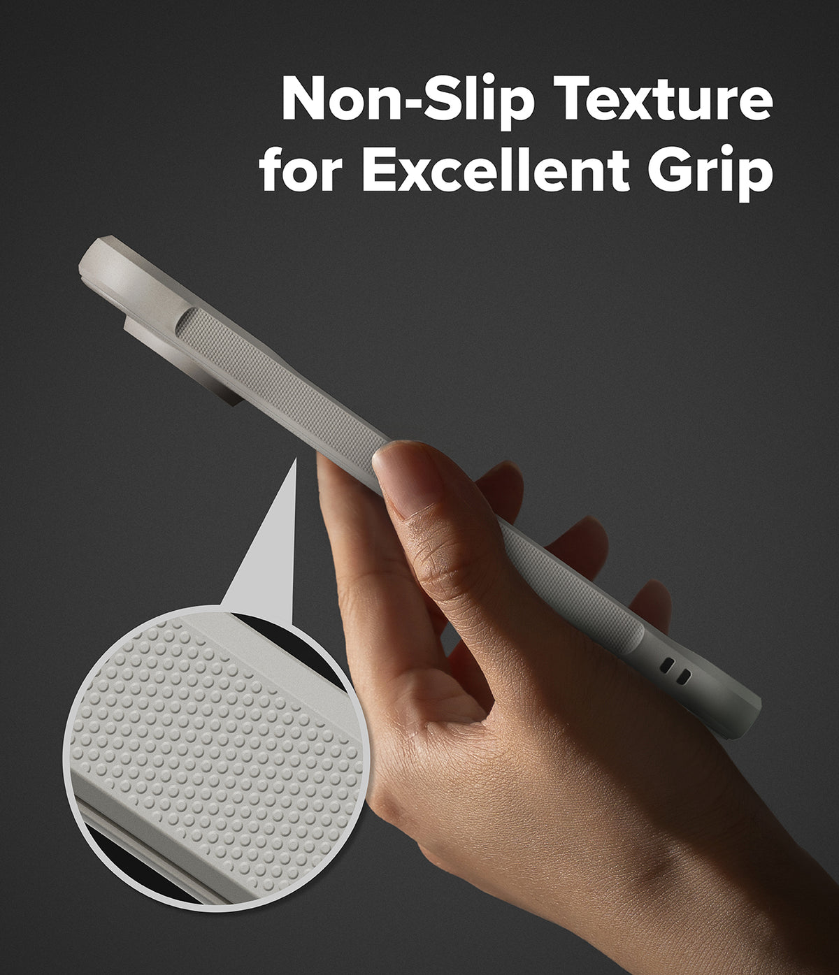 Google Pixel 10 Pro XL Case | Onyx Magnetic - Hand holding a grey phone case with a magnified view of its textured grip.