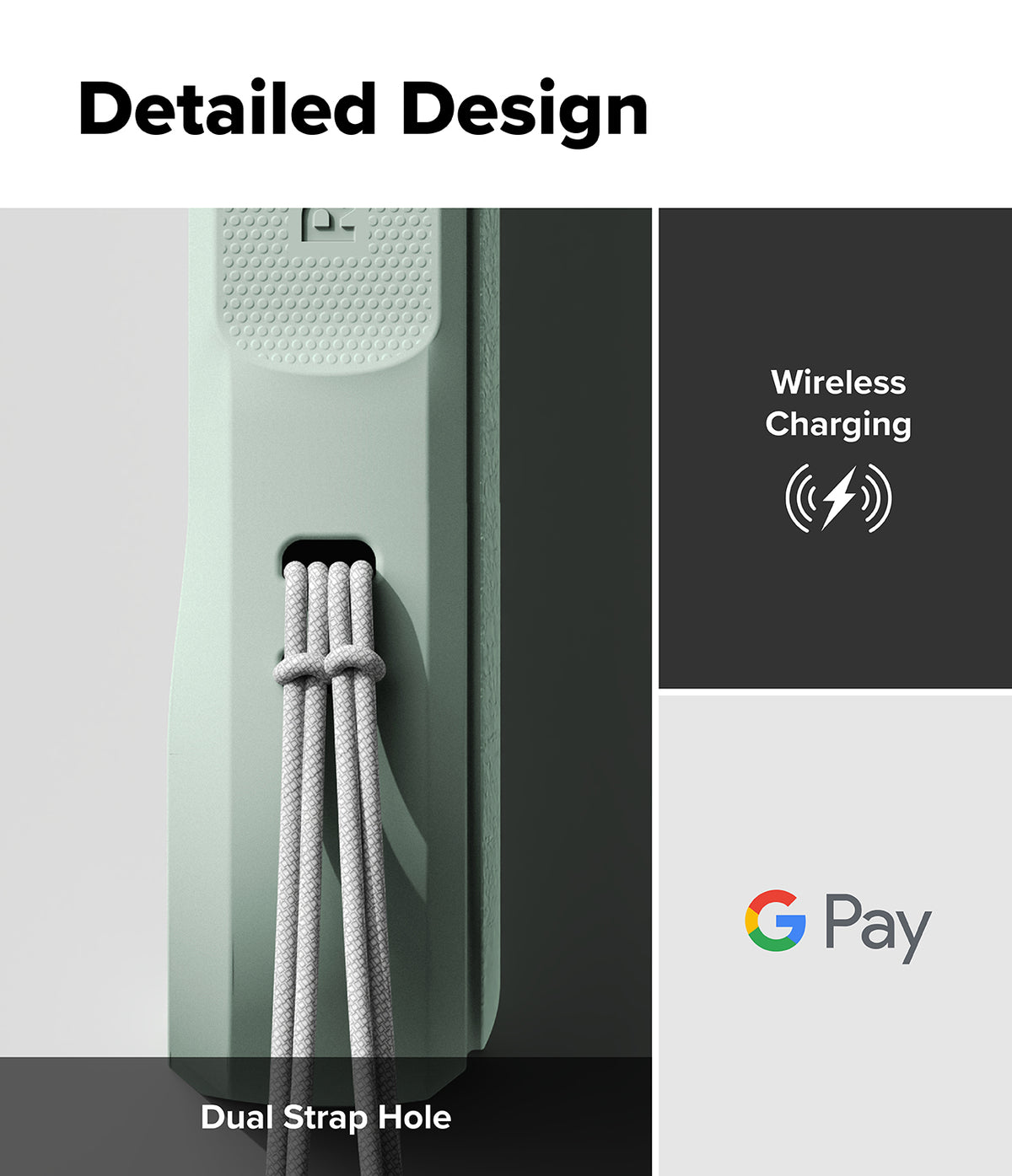 Google Pixel 10 Pro XL Case | Onyx - Close-up of a sage green phone case featuring a dual strap hole with a grey lanyard.