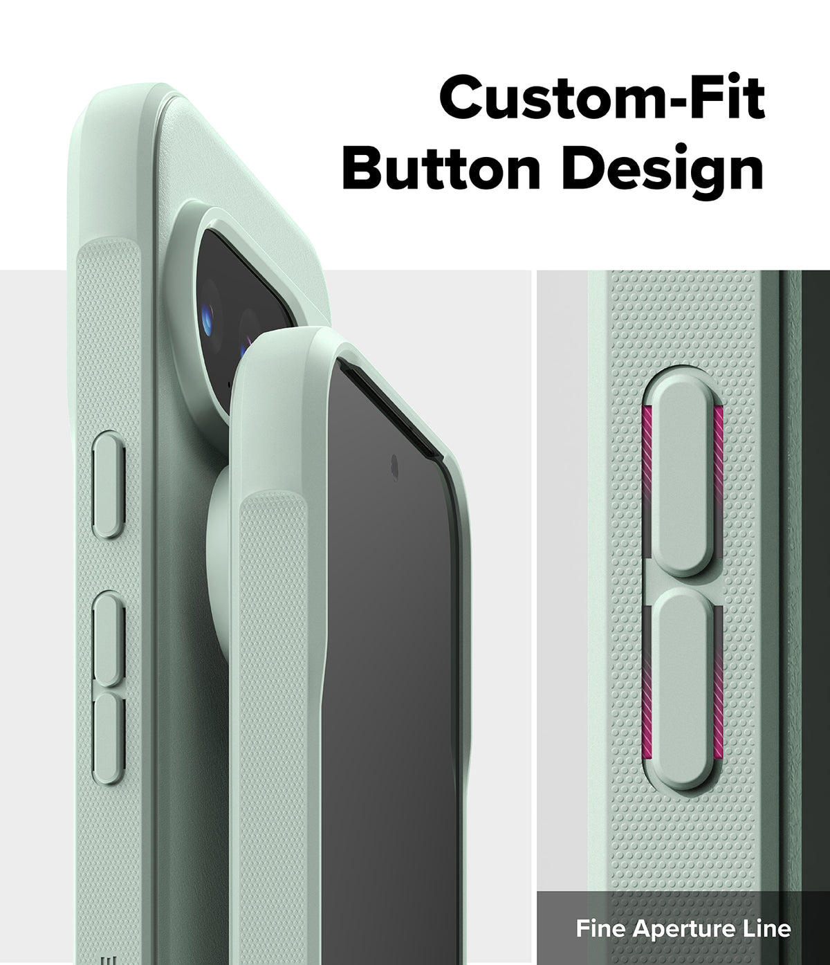 Google Pixel 10 Pro XL Case | Onyx - Close-up of a mint green phone case highlighting tactile buttons and a fine aperture line.
