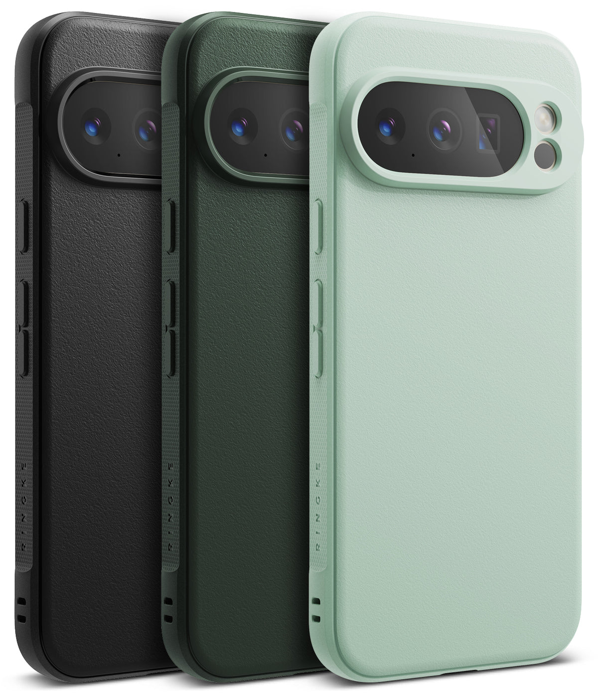 Google Pixel 10 Pro XL Case | Onyx - Three phone cases in black, dark green, and light green, featuring a camera cutout.