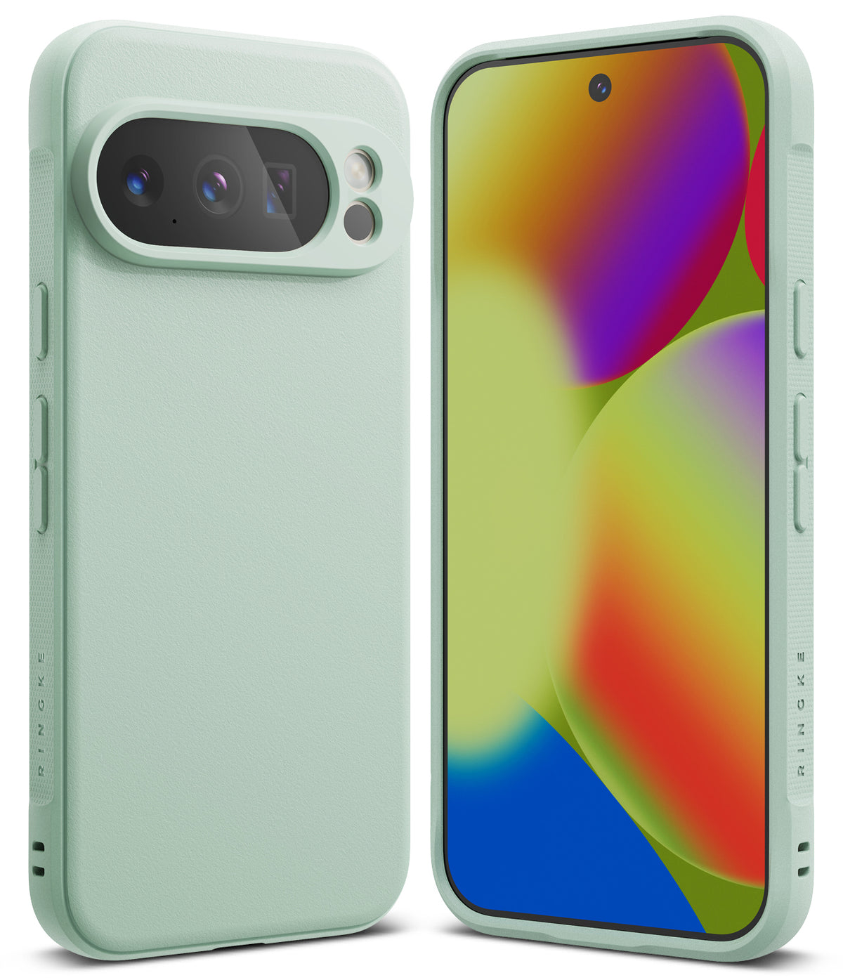 Google Pixel 10 Pro XL Case | Onyx - Mint green phone case shown from back and front with a colorful abstract screen.