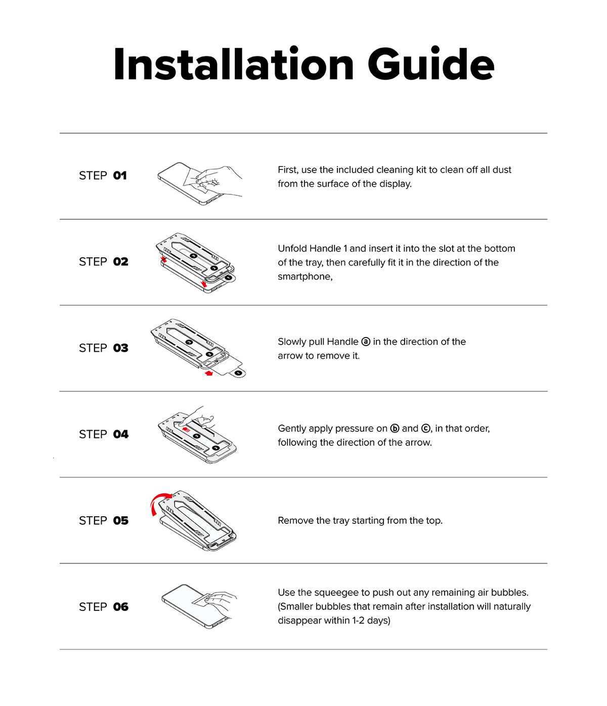 Google Pixel 10 Pro XL Screen Protector | Easy Slide Tempered Glass - Six-step illustrated guide for installing a tempered glass screen protector.