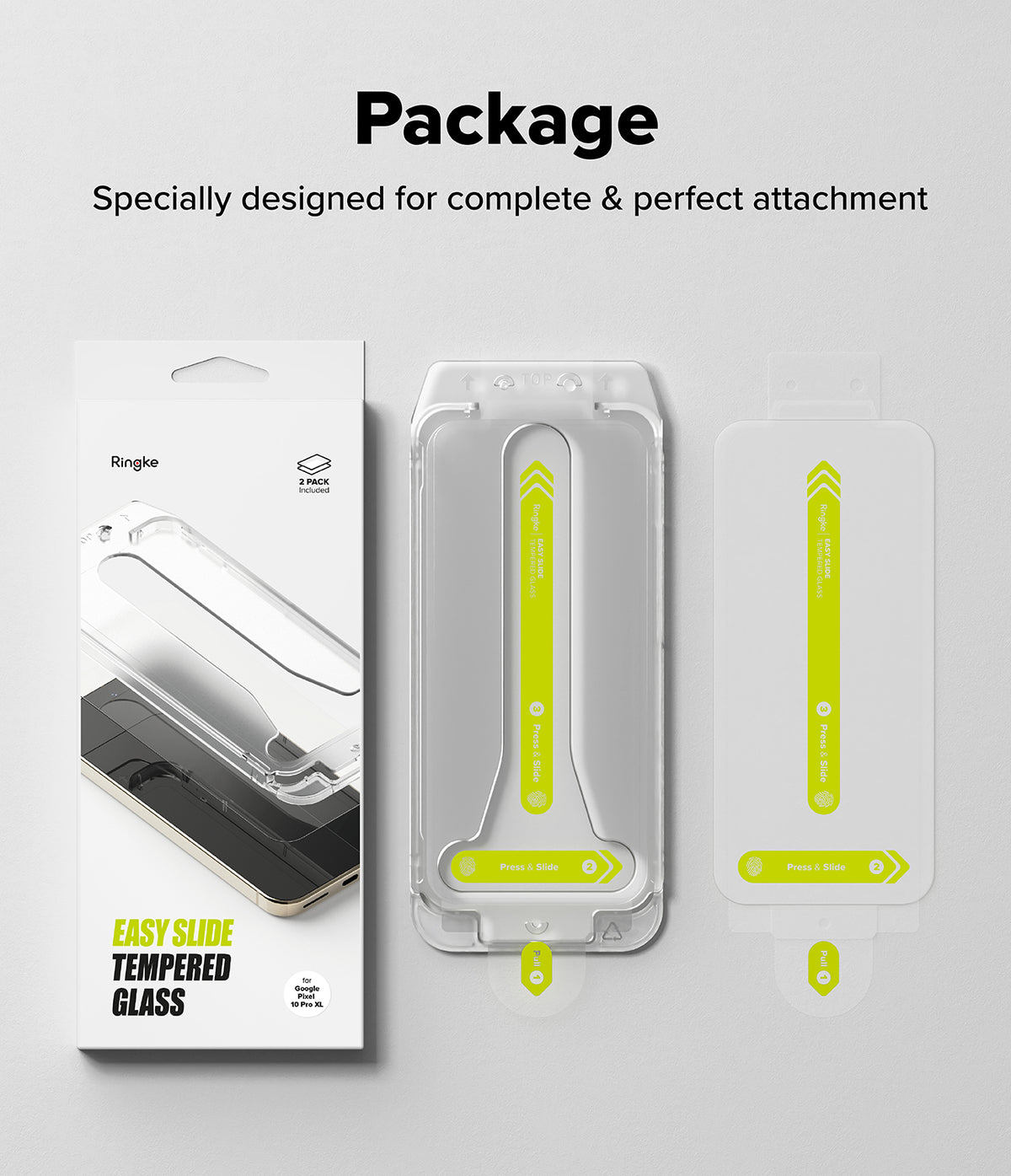 Google Pixel 10 Pro XL Screen Protector | Easy Slide Tempered Glass - Packaging, installation tray, and two tempered glass protectors with guides.