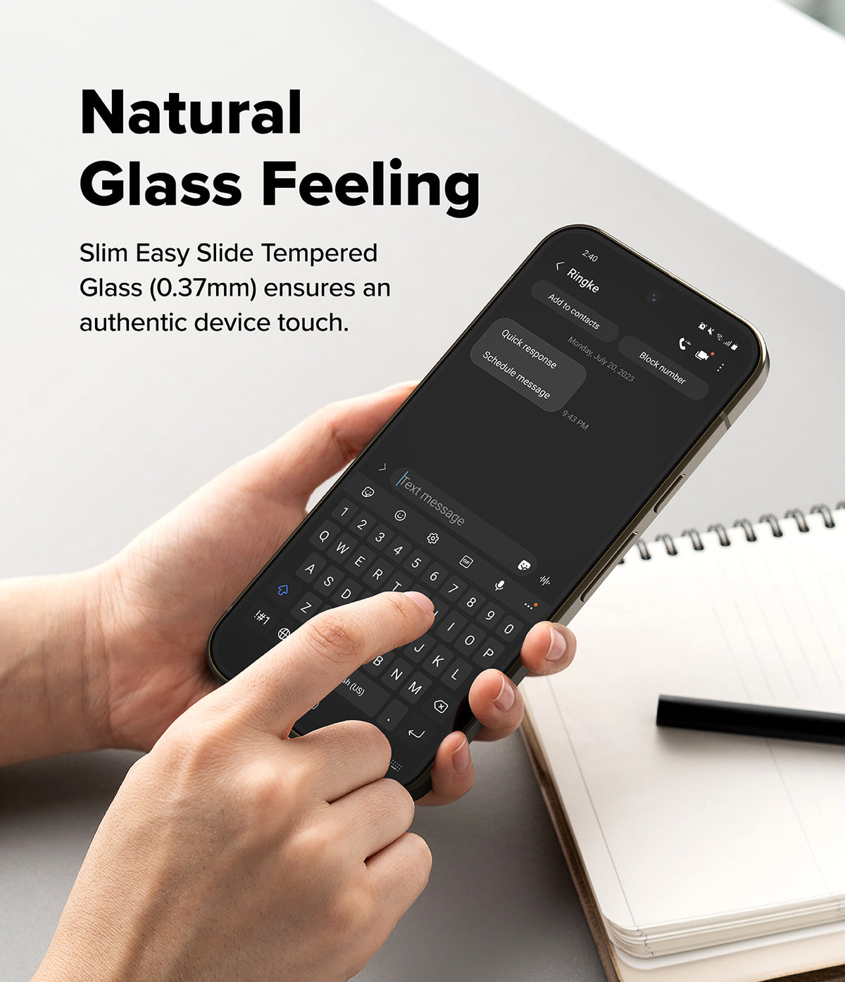 Google Pixel 10 Pro XL Screen Protector | Easy Slide Tempered Glass - Hands holding a phone with a tempered glass screen protector while typing.