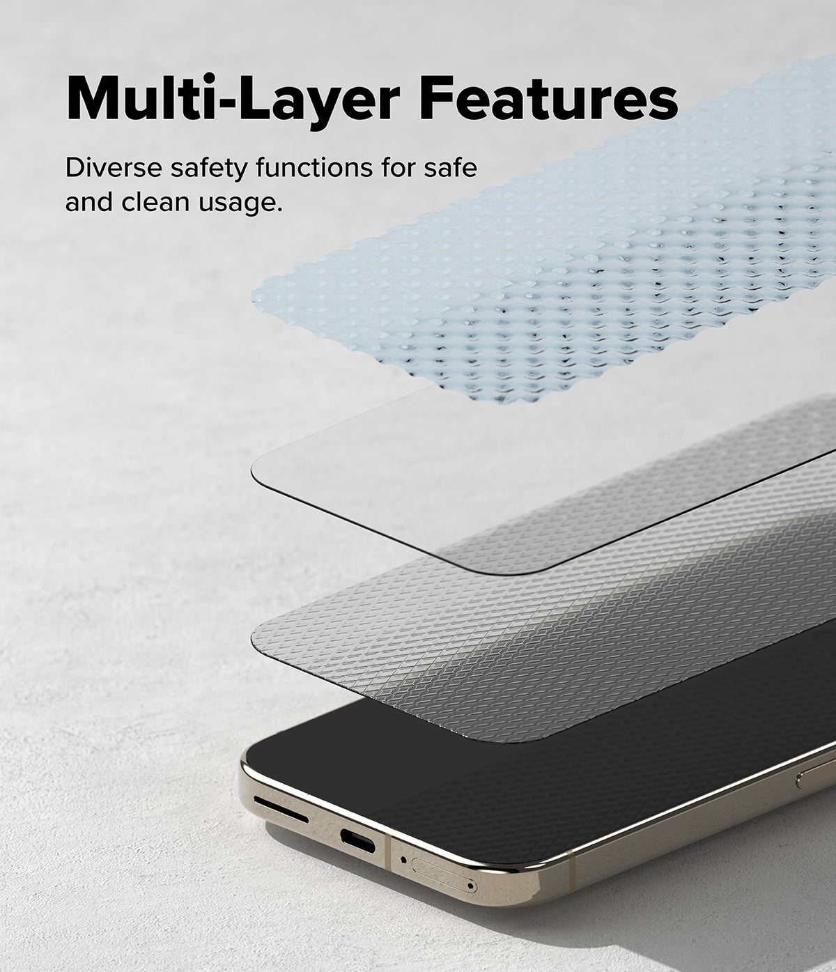 Google Pixel 10 Pro XL Screen Protector | Easy Slide Tempered Glass - Exploded view showing three distinct layers of protective screen film.