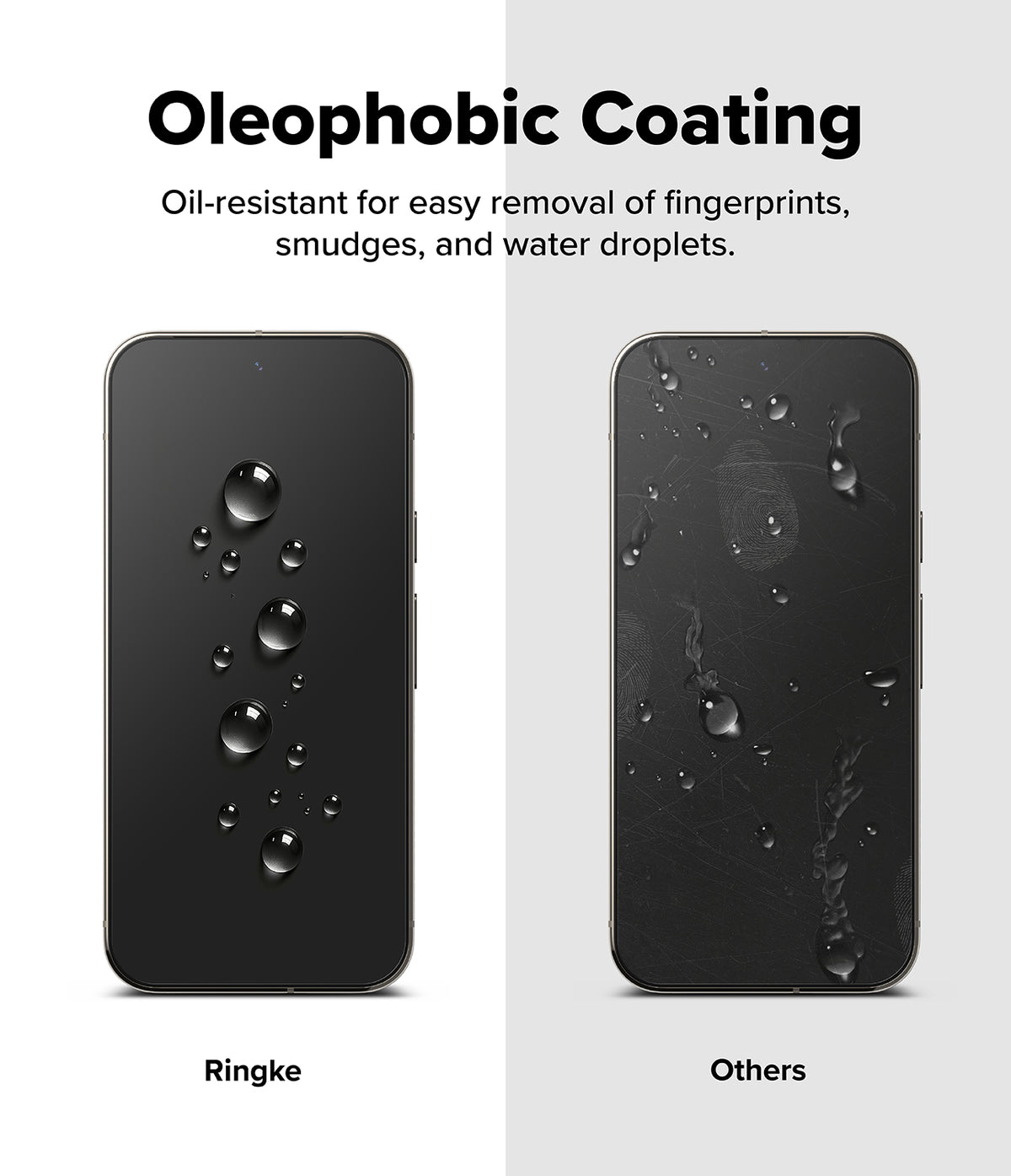 Google Pixel 10 Pro XL Screen Protector | Easy Slide Tempered Glass - Comparison showing Ringke's clean, water-beaded surface versus a smudged screen.