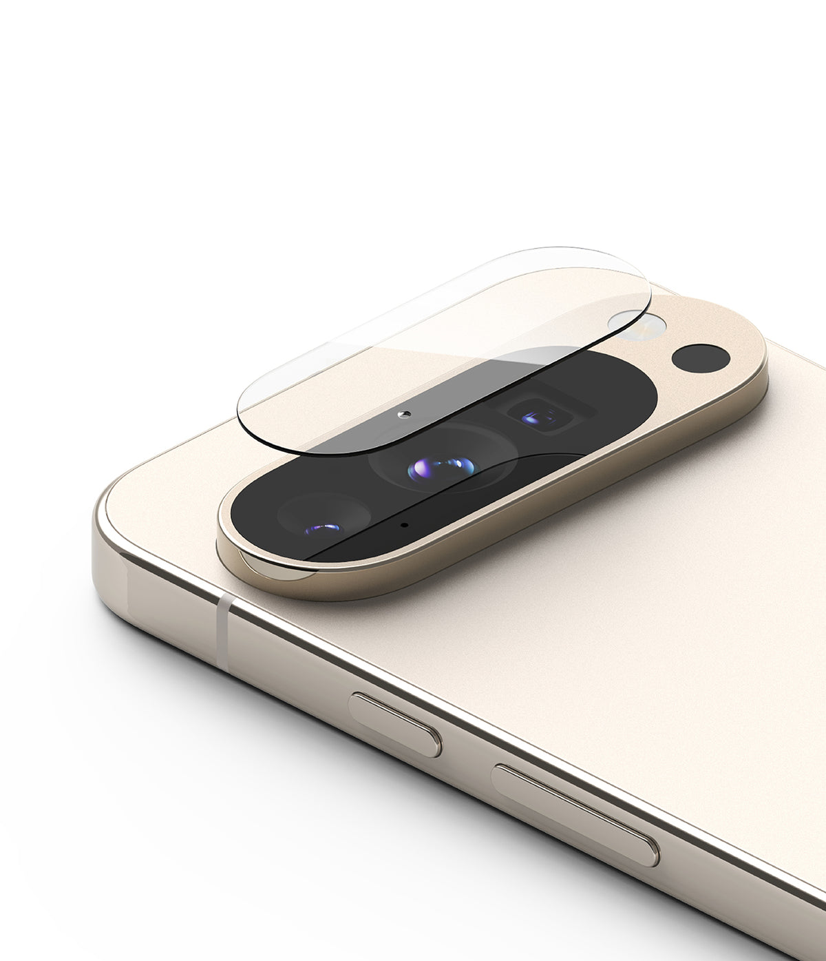 Google Pixel 10 Pro | Camera Glass - A clear protective glass cover hovering above the triple-lens camera bar of a gold smartphone.